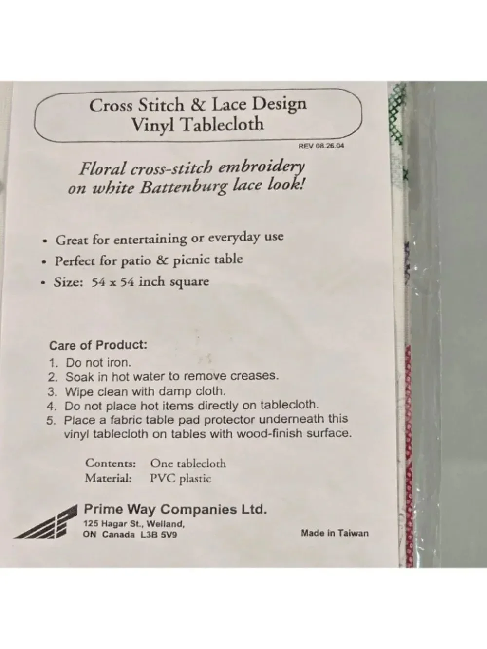 Vintage Cross-Stitch And Lace Design Vinyl Tablecloth 54” X 54”